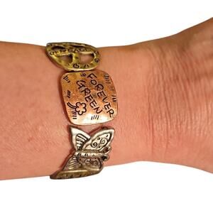 Multi tone metal bracelet, bohemian style with save the Earth phrases